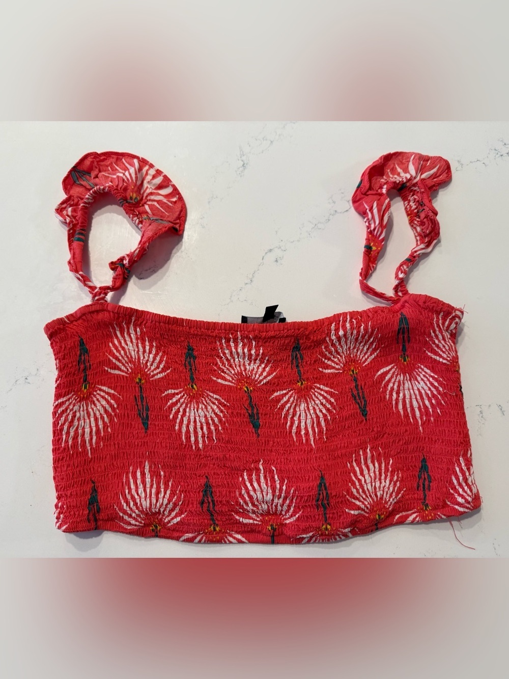 Lulu's Coral Red Smocked Top with White Print